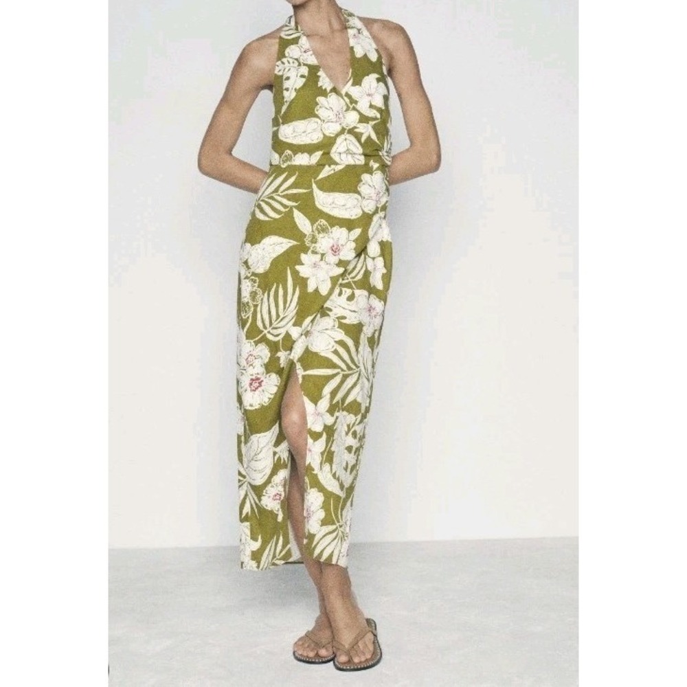 Zara Halter Neck Linen Blend Floral Print Wrap Dress Olive Green Size L NWT